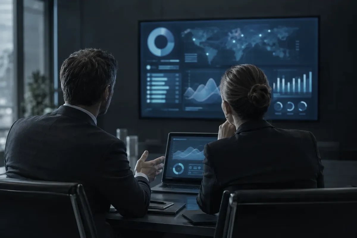 Leaders reviewing a technology dashboard